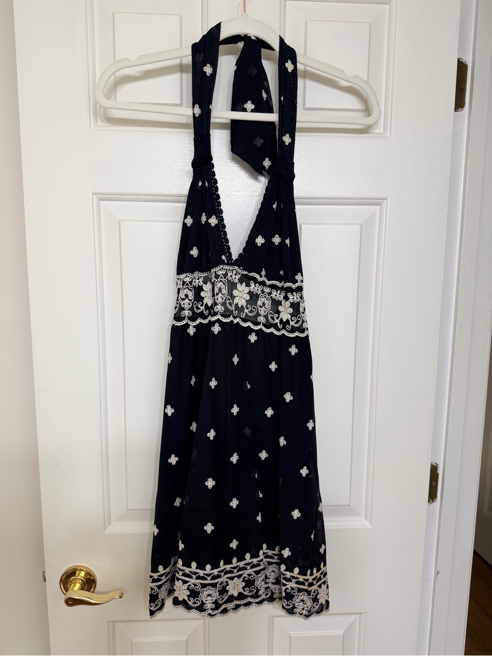 The Limited Black Halter Backless Dress with White Embroidery